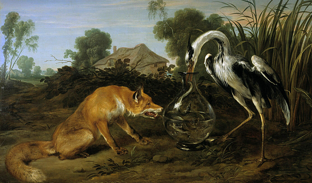 Fable of the Fox and the Heron. Painted by Flemish artist, Frans Snyders