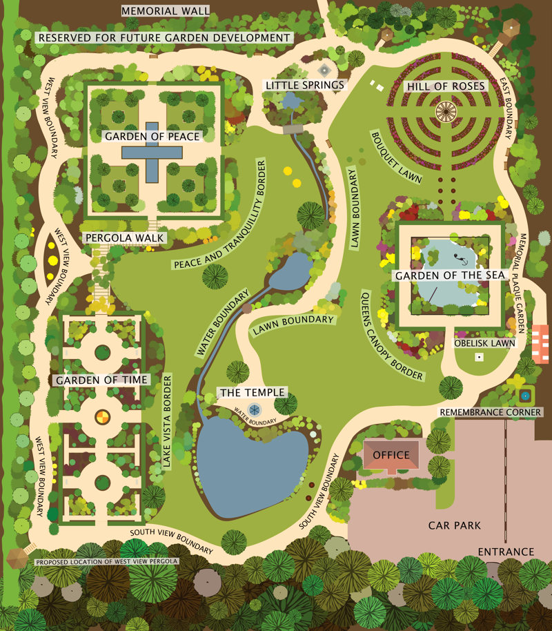 Interactive Map of Porchester Memorial Gardens, listing names and descriptions of themed gardens